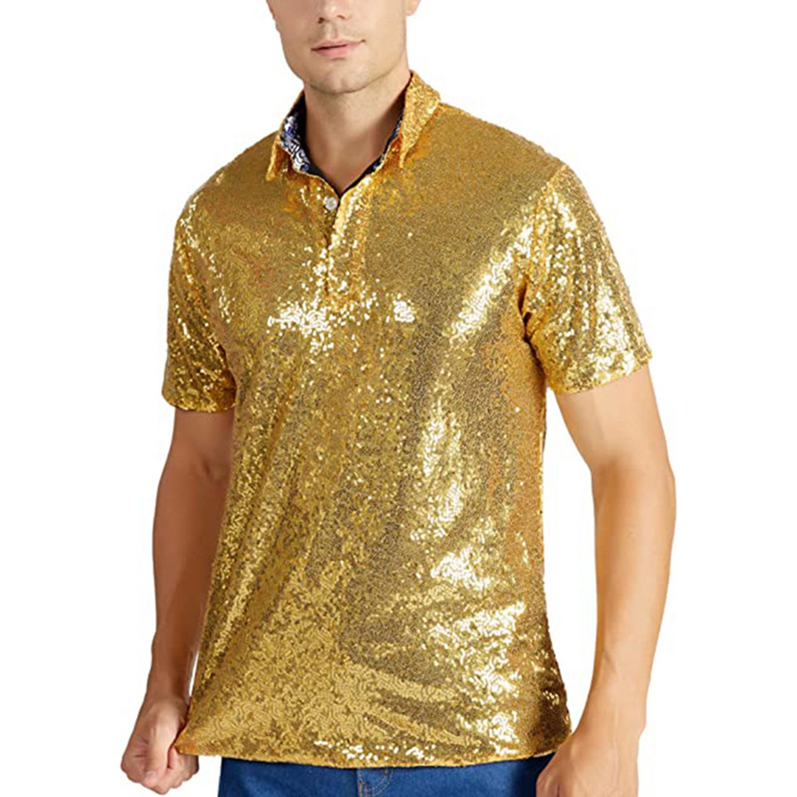 thumbnail image 2 of Camisa de fiesta disco con lentejuelas para hombre: manga corta, cuello vuelto, doble capa, 96 % poliéster, diseño brillante para discotecas., 2 of 4